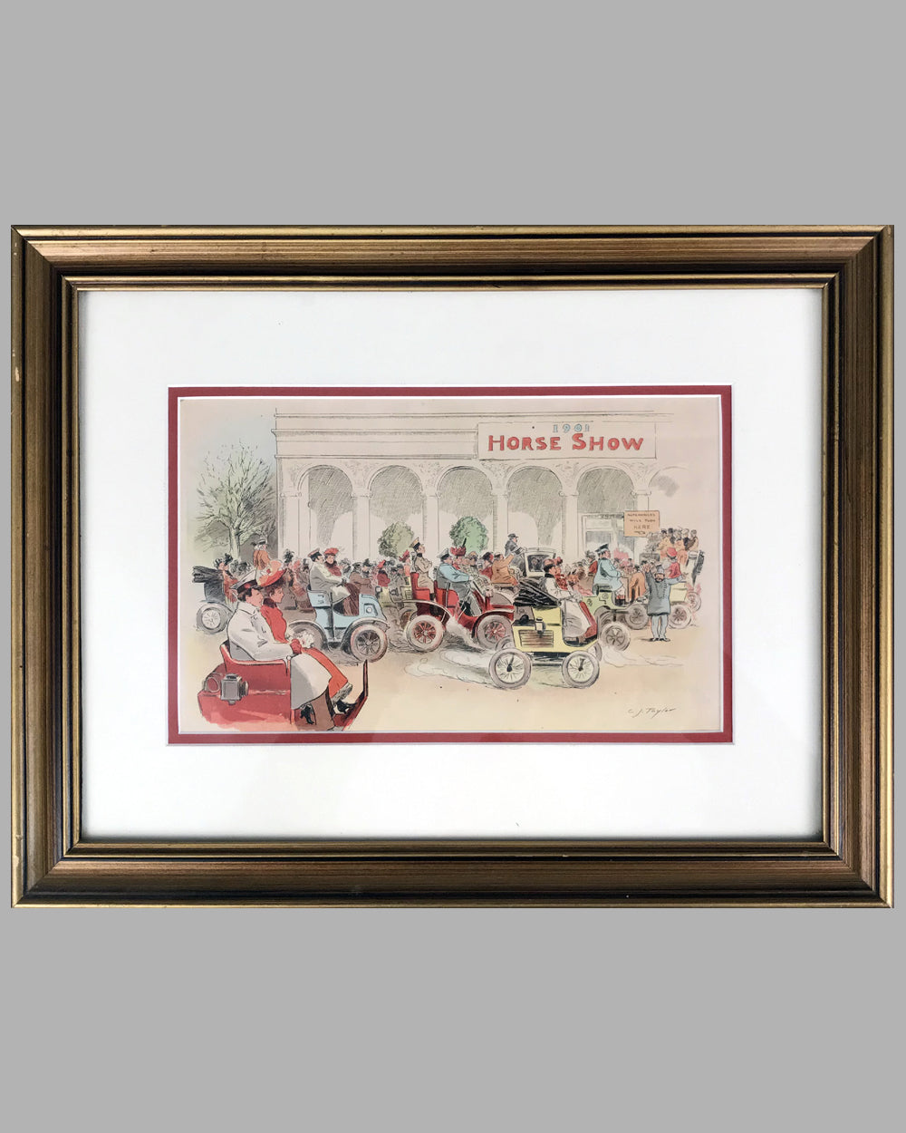 Horseless Carriages Arrive at the Horse Show 1901 period lithograph by C. J. Taylor