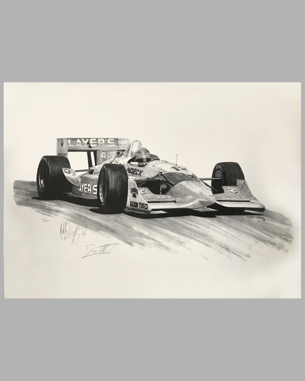 Indy Car Champion Jacques Villeneuve (autographed) b&amp;w print by Michael Savage