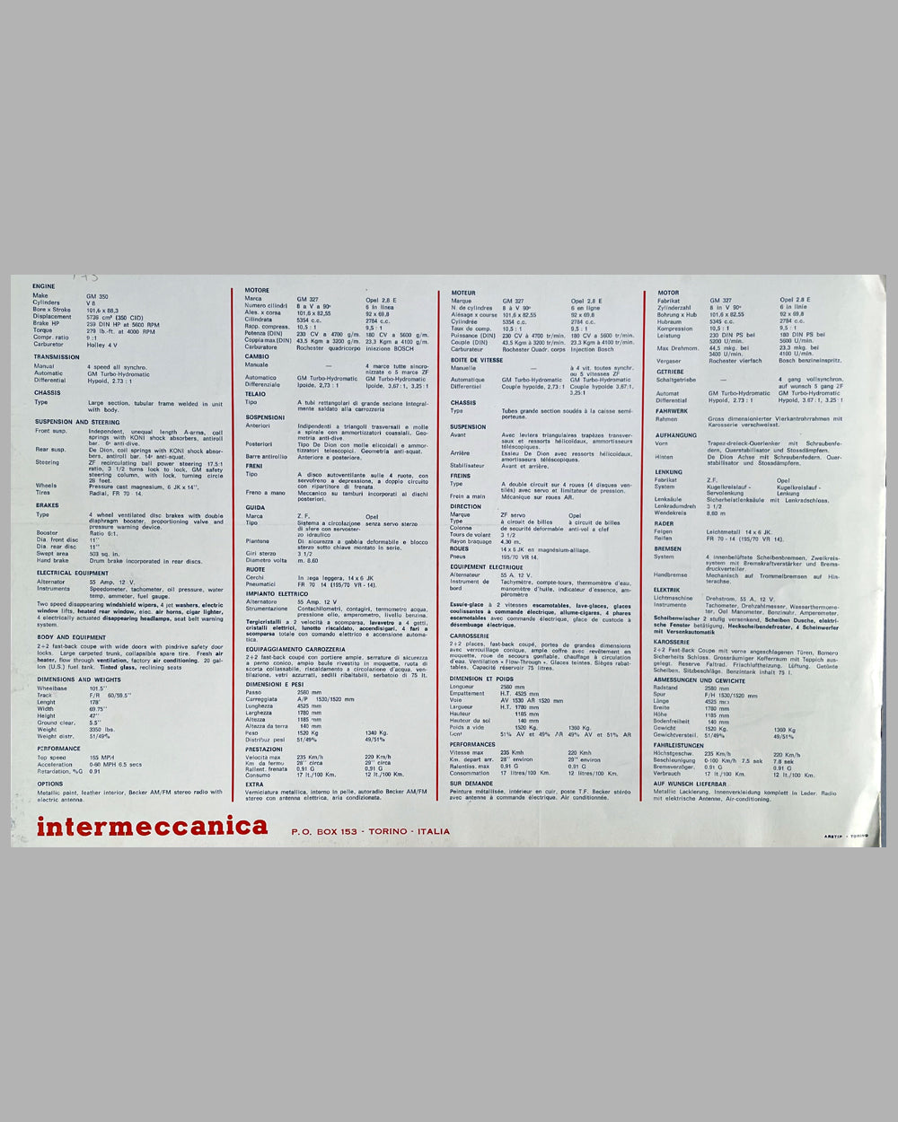 Intermeccanica Indra original sales brochure