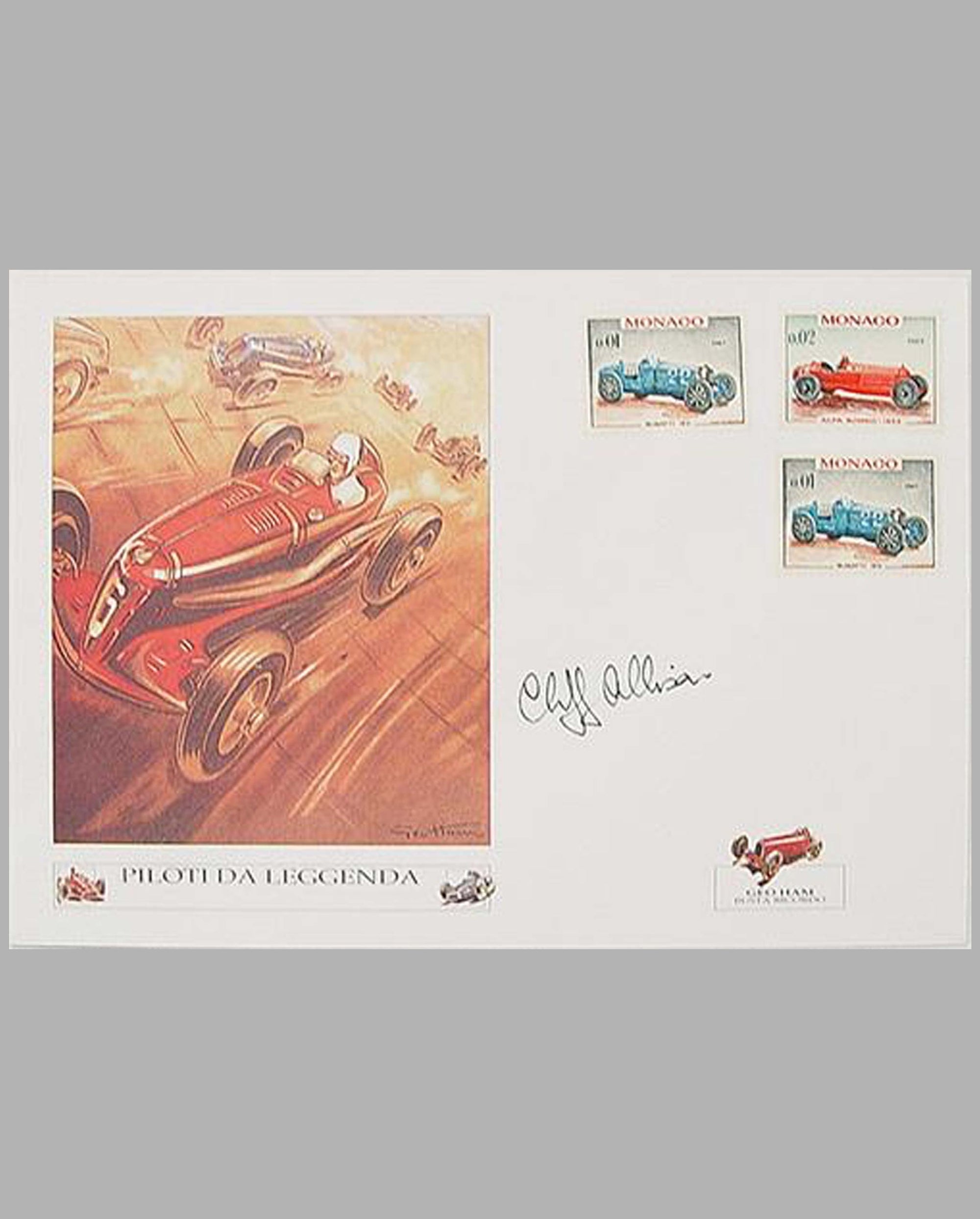 Italian Race Car print on envelope by Geo Ham, autographed by Cliff Allison