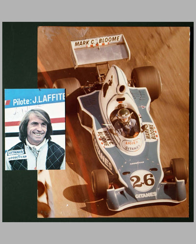 Two J. Laffite autographed photos, photo cards by M. Tee, car and portrait