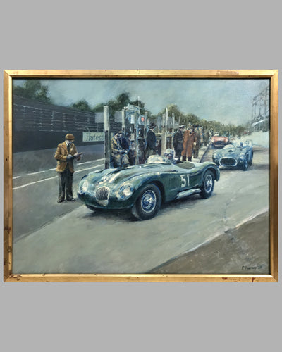 Jaguar C-Type, in the Isle of Man, oil on canvas painting, by Peter Hearsey, UK, 1989