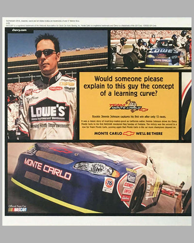 Chevrolet ad copy for Jimmie Johnson first NASCAR win, Autographed by Jimmie Johnson 3