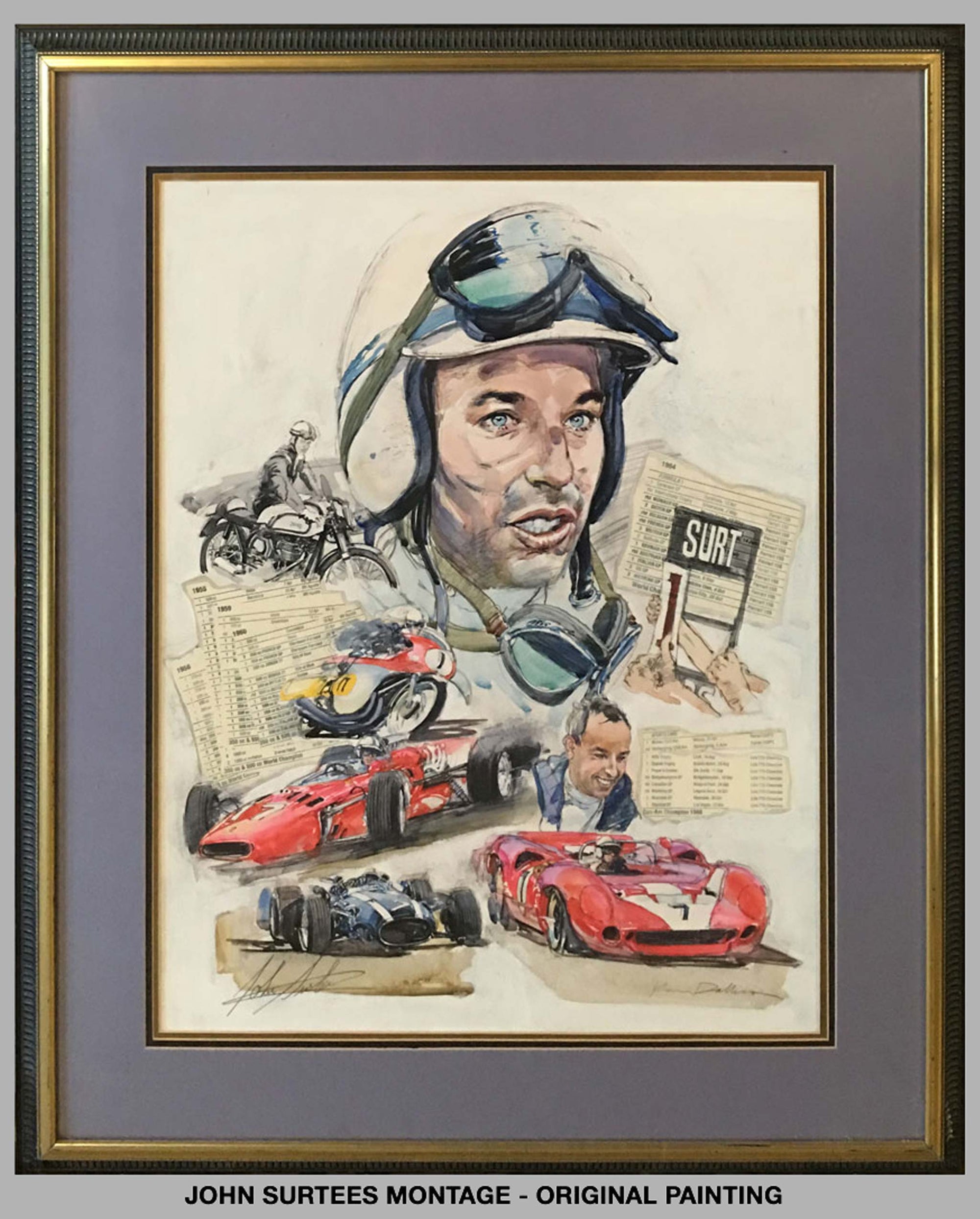 John Surtees Montage painting by Ken Dallison (2001), Autographed by John Surtees