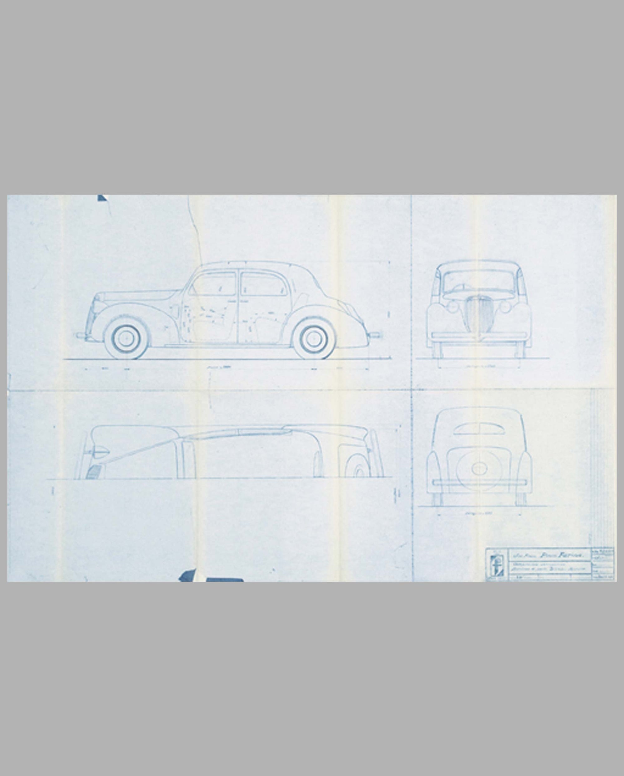 Lancia Berlina “Bilus” Aprilia blueprint from Pininfarina studio, late 1945