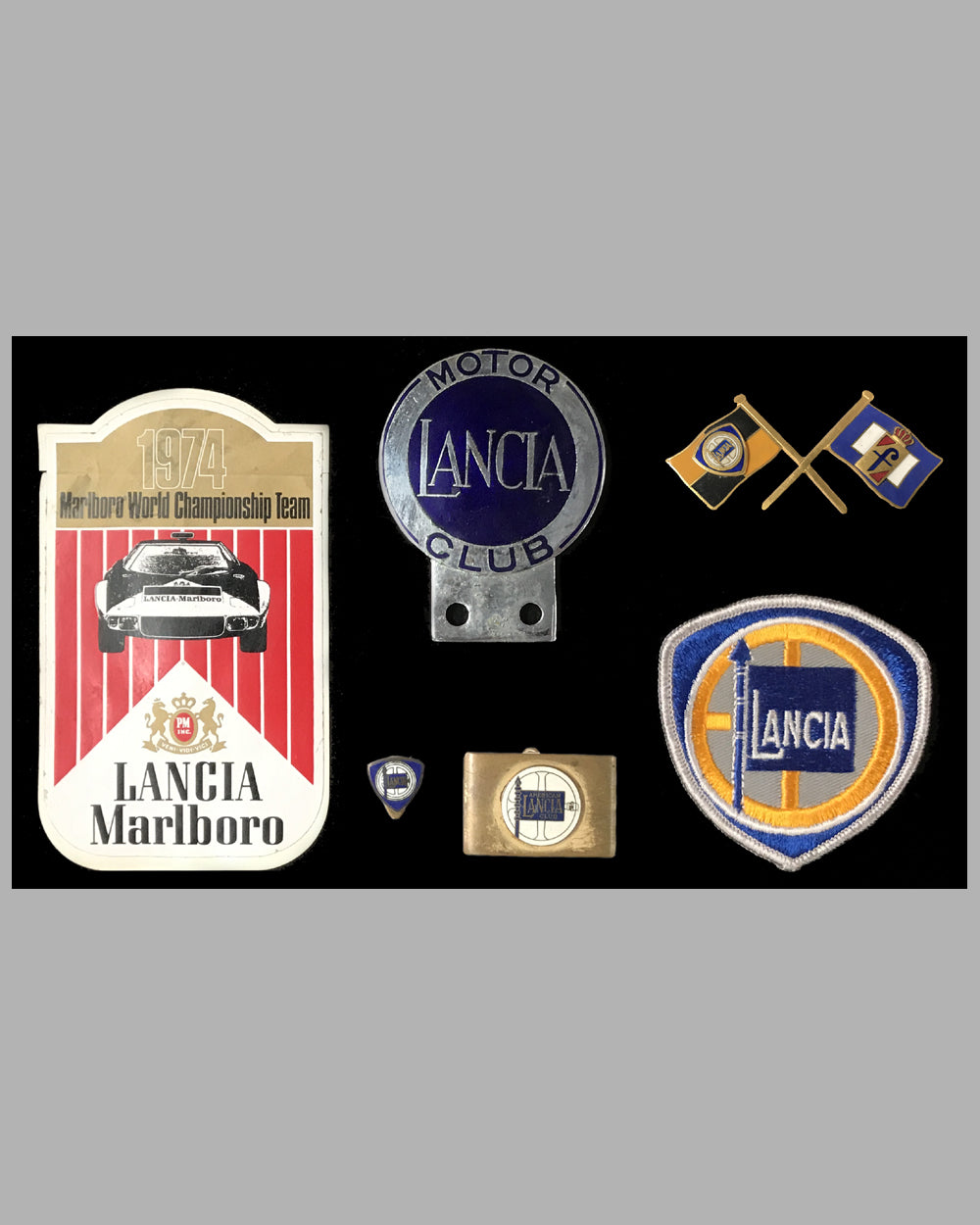 Collection of older Lancia Pins, Decal, Belt Buckle, Patch and Badge