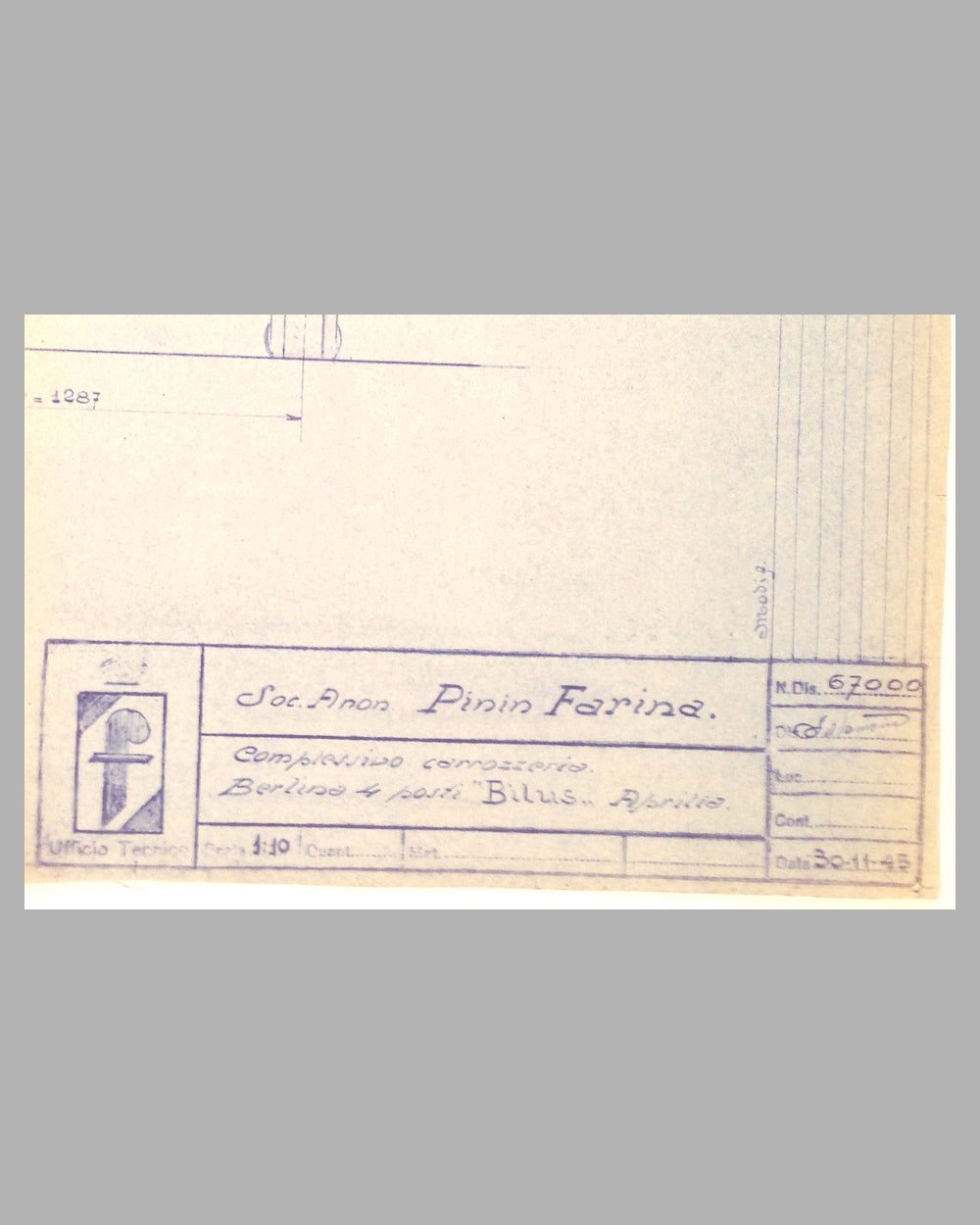 Lancia Berlina “Bilus” Aprilia blueprint from Pininfarina studio, late 1945