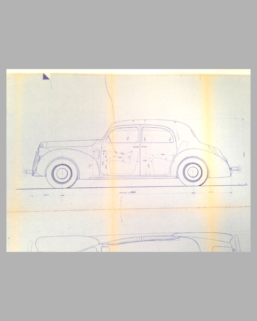 Lancia Berlina “Bilus” Aprilia blueprint from Pininfarina studio, late 1945