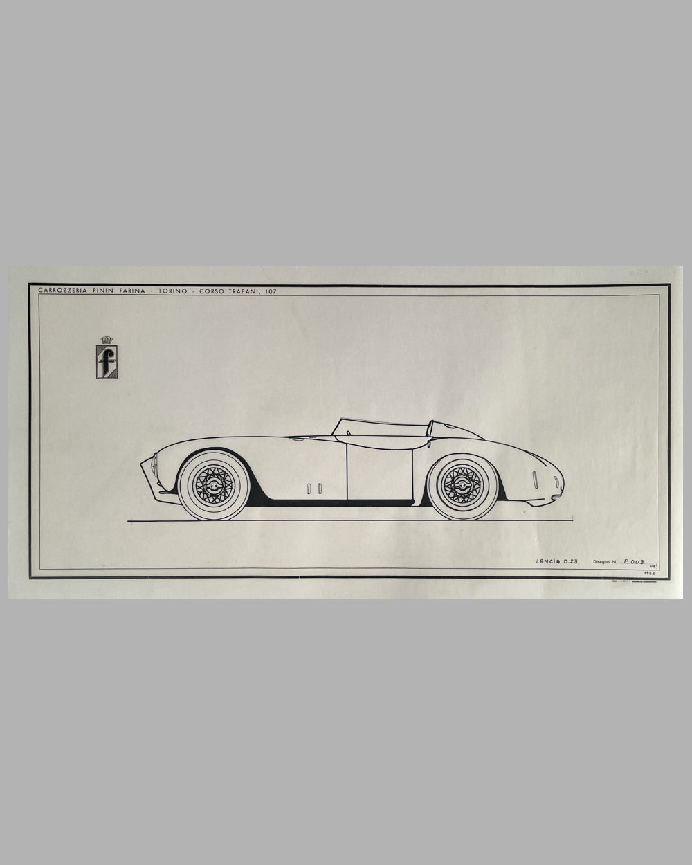 Lancia D23 Spyder original Pininfarina Studio drawing, 1952