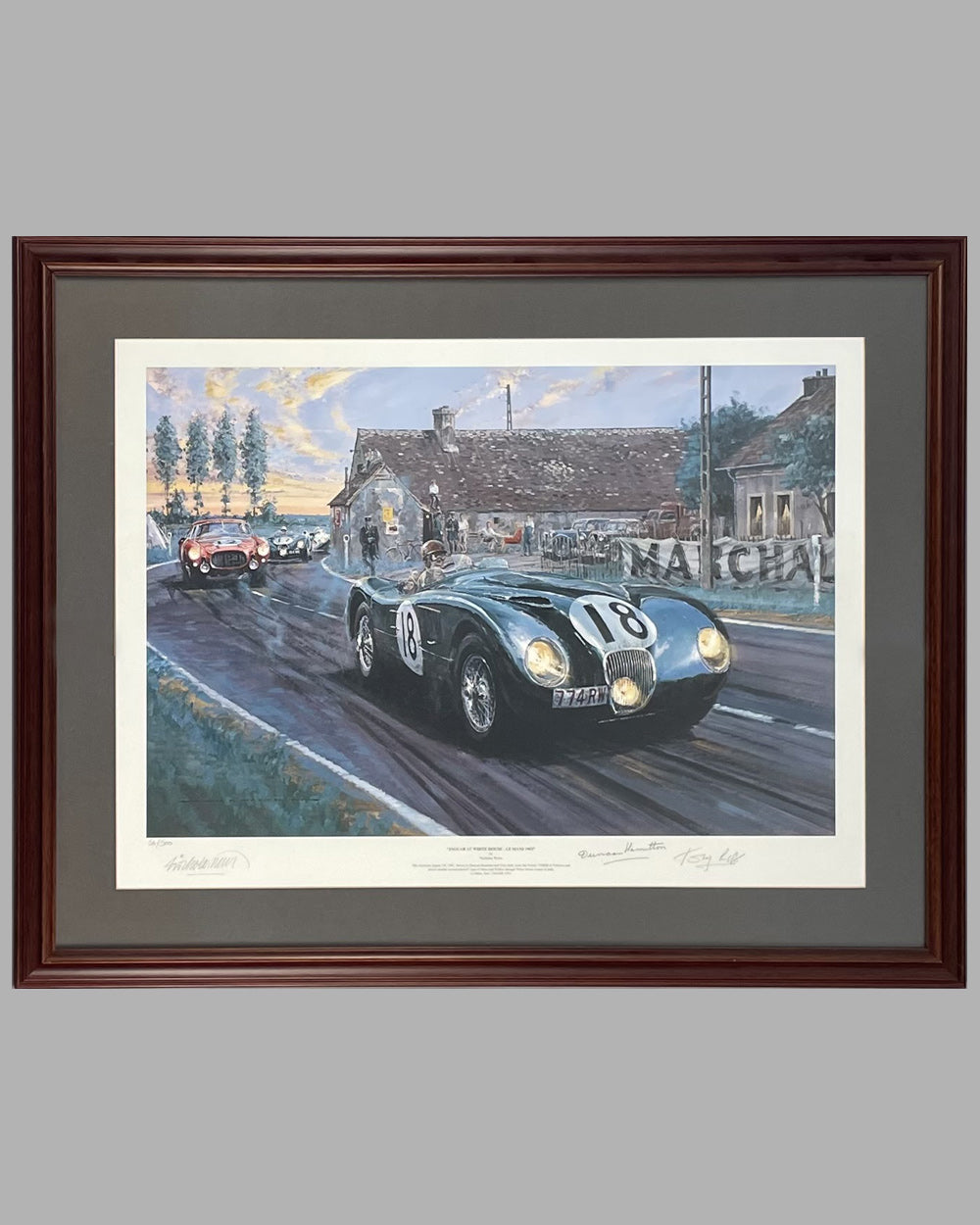 Jaguar at White House, Le Mans 1953 print by Nicholas Watts, hand autographed by Hamilton &amp; Rolt