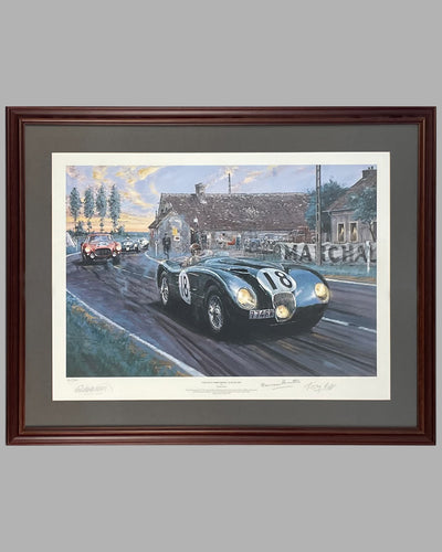 Jaguar at White House, Le Mans 1953 print by Nicholas Watts, hand autographed by Hamilton & Rolt