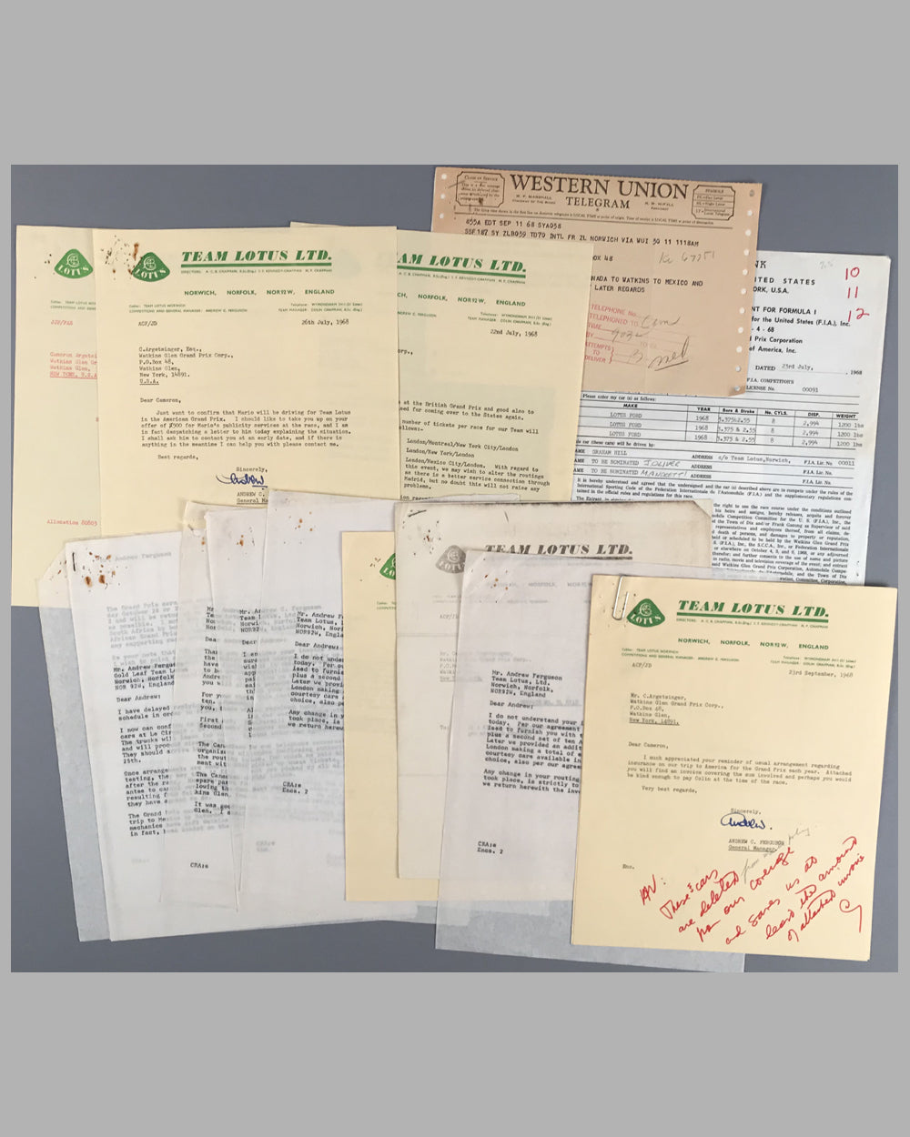 Collection of Lotus & Watkins Glen correspondence, lot of 15