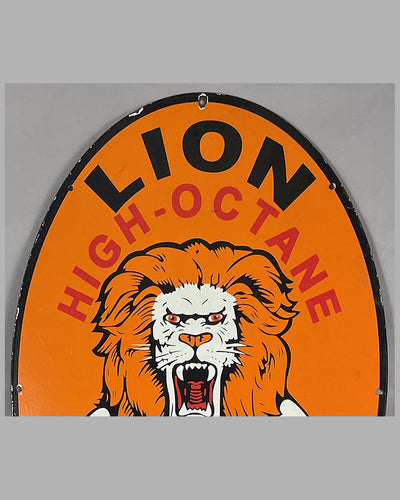 Lion High Octane Racing Gasoline enamel sign on heavy metal dated 1957 2