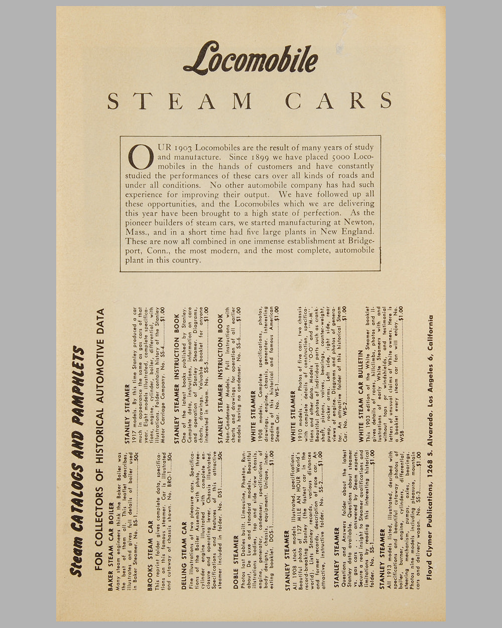 1903 Locomobile Steam Cars sales catalog reprint by F. Clymer