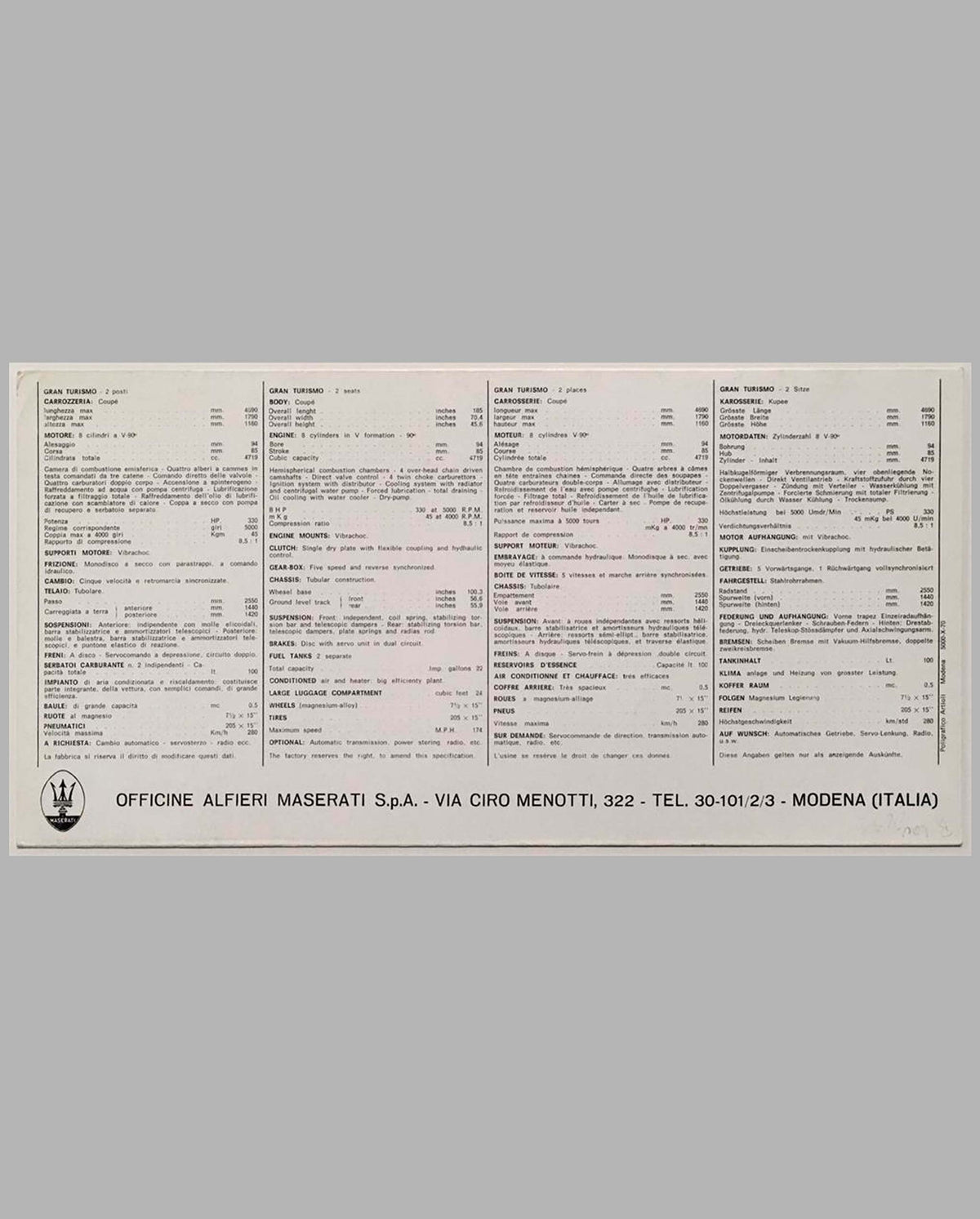 Maserati Ghibli original factory brochure back