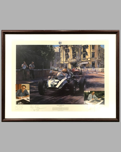 World Champions - Monaco 1959 - Jack Brabham - framed print by Nicholas Watts, autographed by Jack Brabham and John Cooper