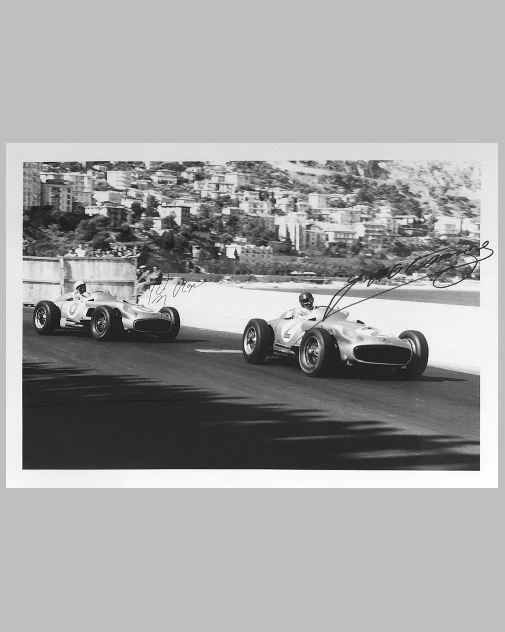 Mercedes at the Monaco Grand Prix 1955 b&w autographed photo zoom