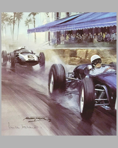 Moss Wins Monaco 1960 print by Michael Turner (UK), 1989, signed by artist & autographed by Innes Ireland 2