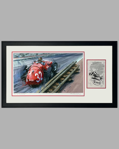 Oversteer at Station Hairpin original painting by Nicholas Watts, w/ program page autographed by 10 drivers