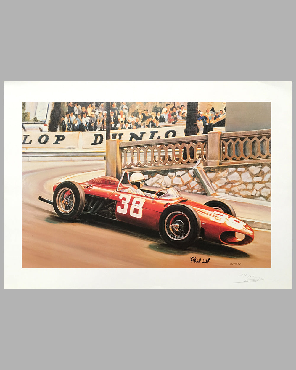 Phil Hill’s Ferrari print at the Grand Prix of Monaco by Denis Vipre, Autographed by Phil Hill