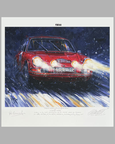 Porsche Victory Rallye of Monte Carlo 1968 giclée by Nicholas Watts, autographed by Vic Elford