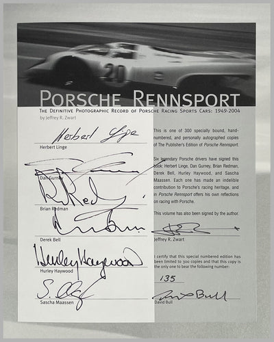 Porsche Rennsport book by Jeffrey R. Zwart, 2006, autographed by Gurney, Redman, Bell, Haywood, Maassen, & Linge 4