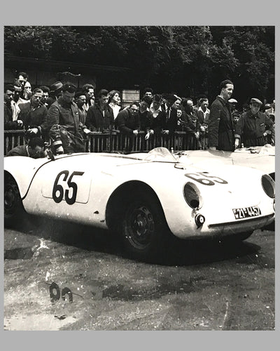 Porsche arrives at Le Mans 1955 b&w photograph 2