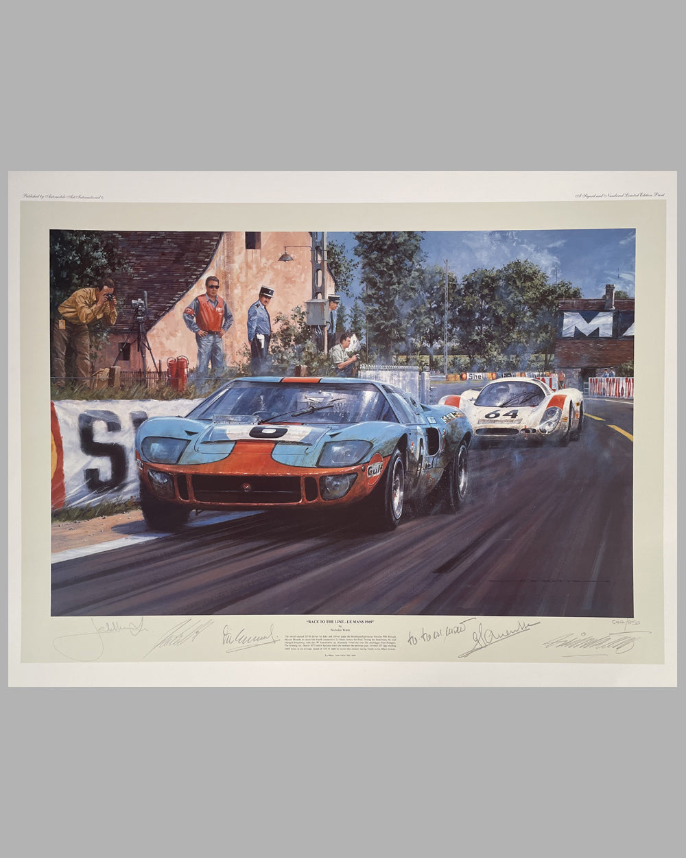 Race to the Line - Le Mans 1969 print by Nicholas Watts, autographed by Ickx, Oliver, Elford, Hermann, and Larousse