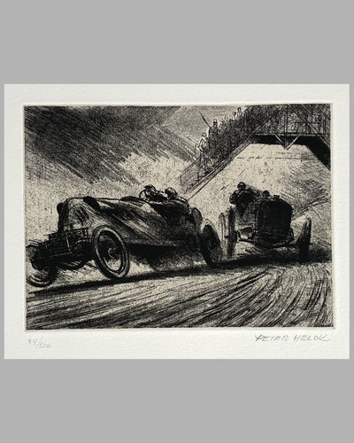 Racing in provincial France, 1904 etching by Peter Helck