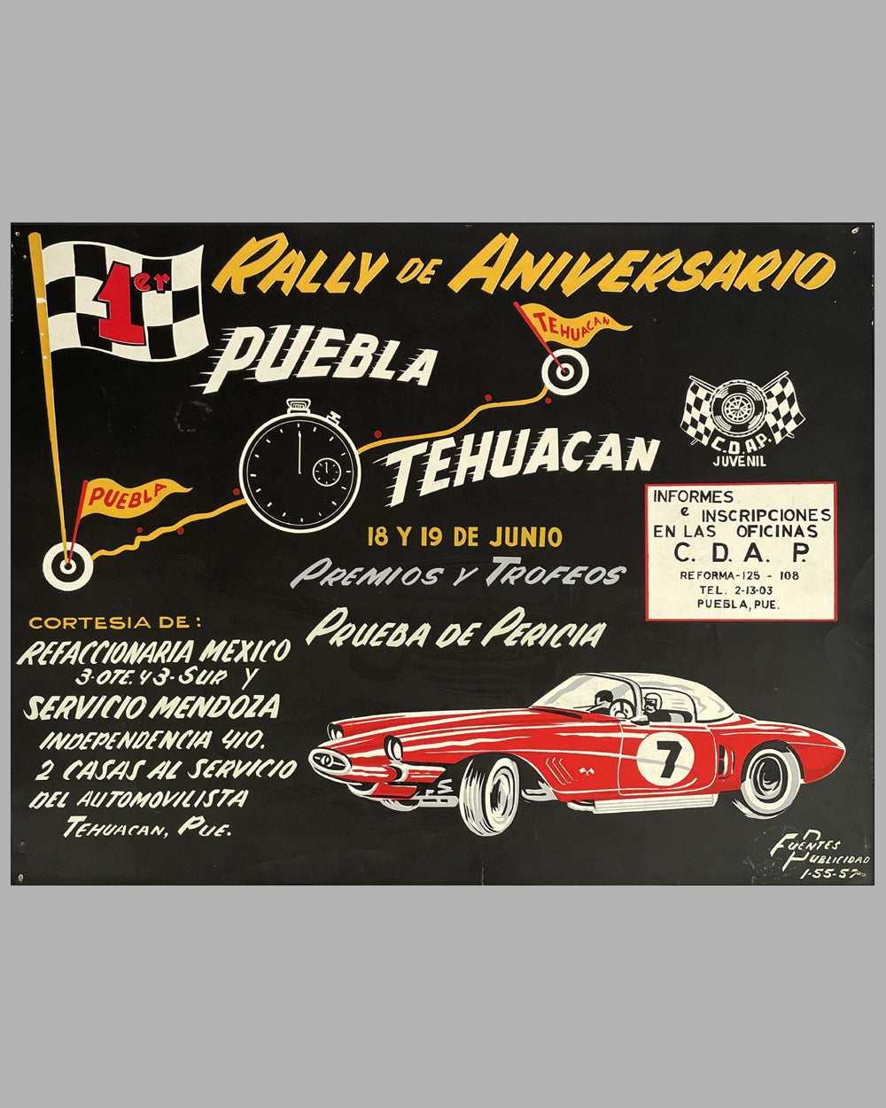 Rally de Aniversario from Puebla to Tehuacan silk screen poster, 1955