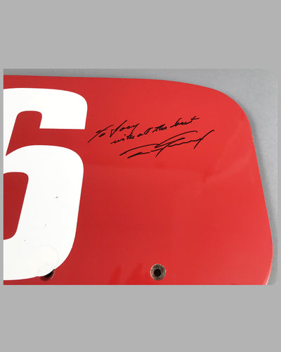 Rear wing end plate for Juan Manuel Fangio II, autographed by Dan Gurney 2