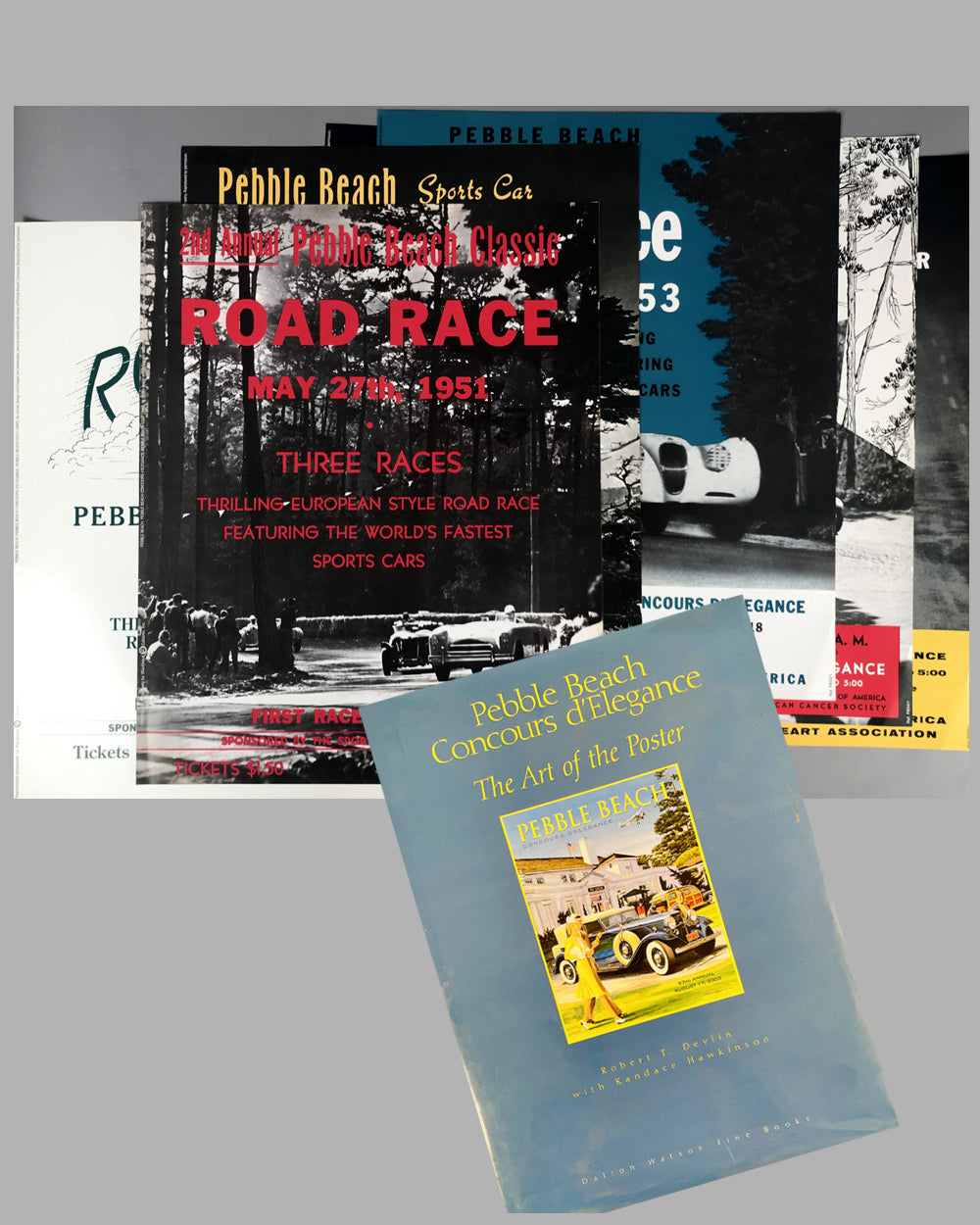 Complete set of 7 posters from the Pebble Beach road races plus Devlin book