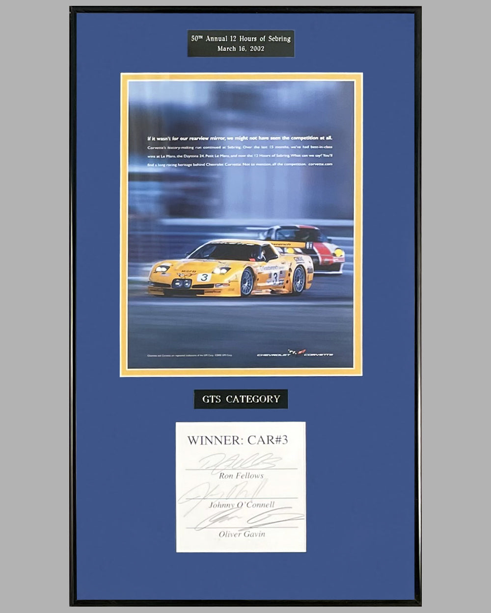 50th 12 Hours of Sebring 2002 original G.M. ad copy proof, autographed by the 3 drivers