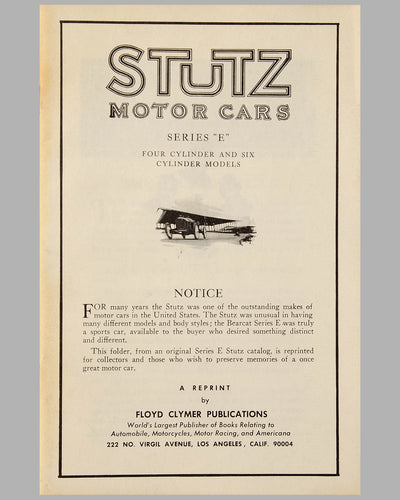 Stutz Motor Cars Series E sales catalog reprint by F. Clymer