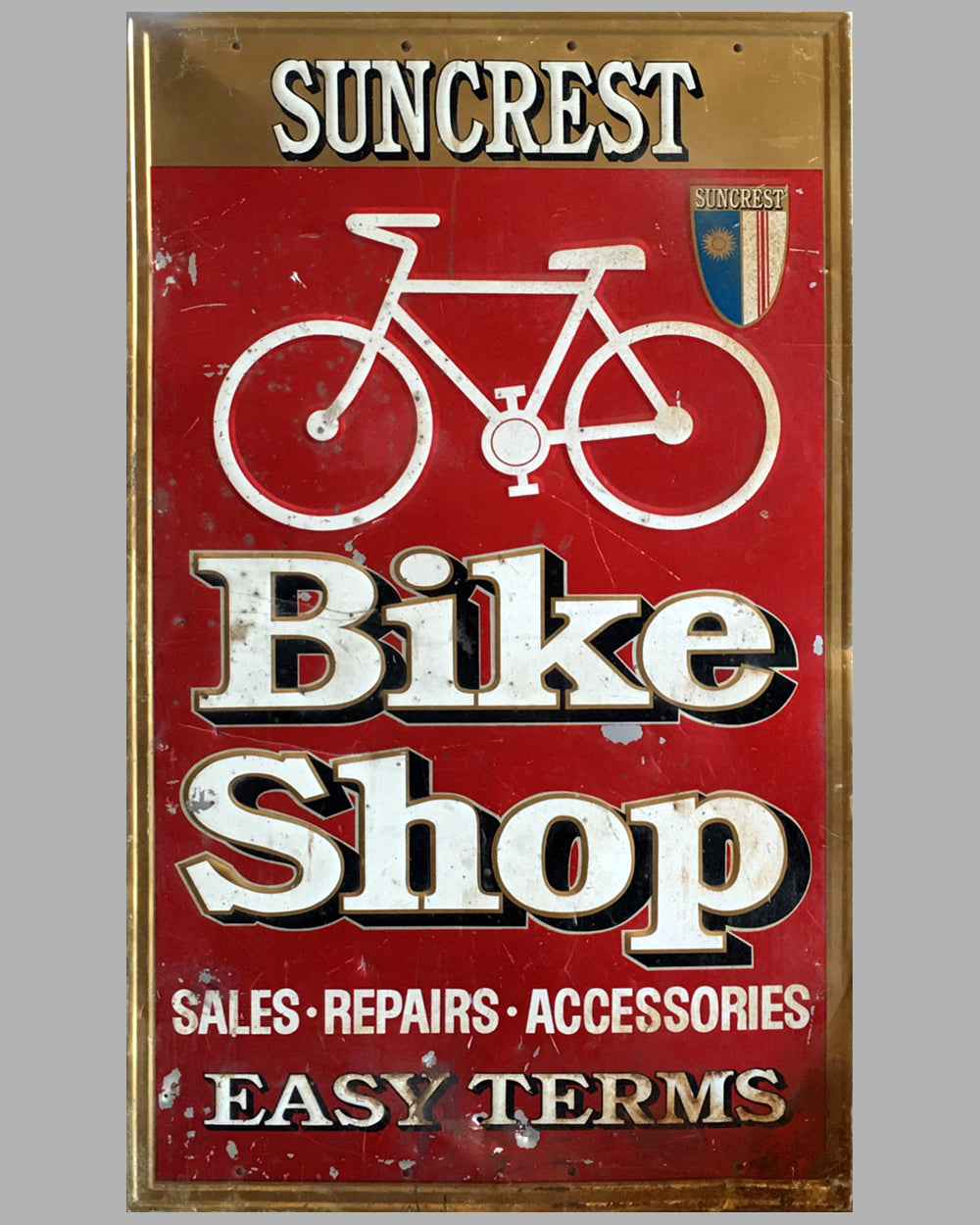 1970&#39;s Large Suncrest Bicycle U.S.A. Embossed Tin Sign