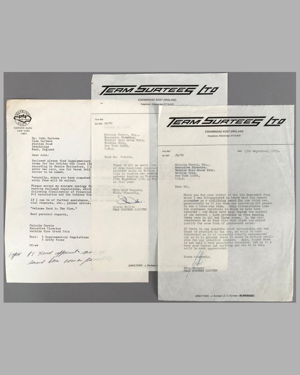 Three Team Surtees letters on company stationery between Malcolm Currie at Watkins Glen