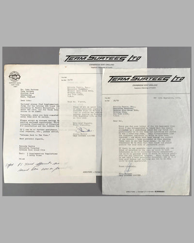 Three Team Surtees letters on company stationery between Malcom Currie at Watkins Glen