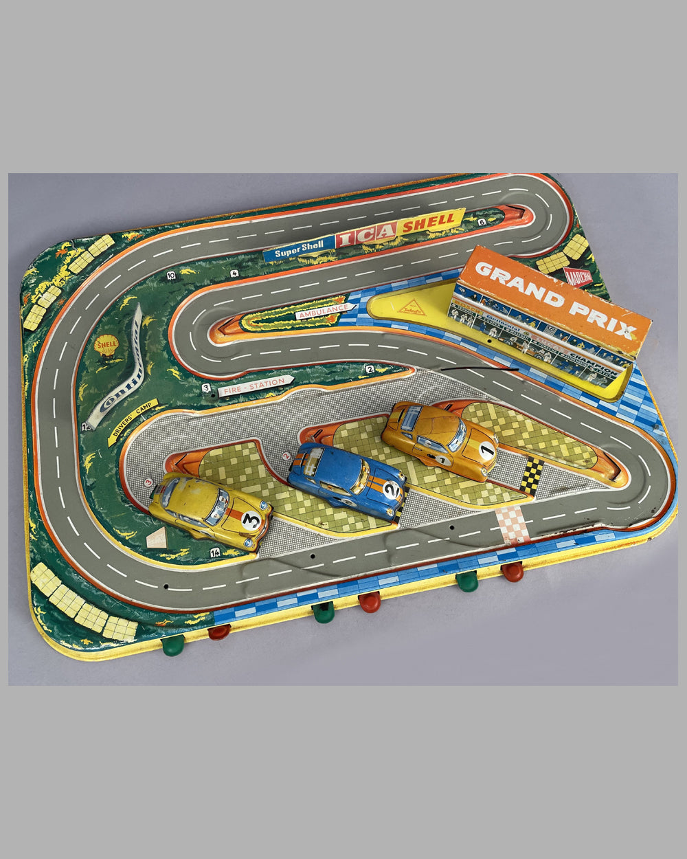 Race track desk game lithographed tin toy by Technofix, West Germany, 1950&#39;s