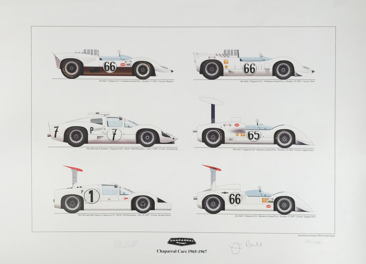 Chaparral Cars 1965 to 1967 Print by Kane Rogers Autographed by Phil Hill &amp; Jim Hall