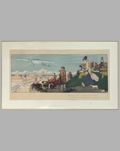 Vedrines with his monoplane Morane-Borel, hand colored lithograph, 1911 by Gamy (Marguerite Montaut)