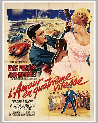 "L' Amour en quatrieme vitesse" (Viva Las Vegas) large original movie poster by Roger Soubie, 1964